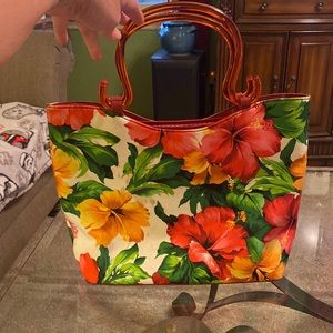 Hibiscus Flowers hand bag with red plastic handles